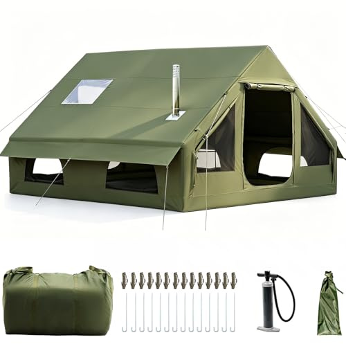 Aufblasbares Campingzelt mit Kaminöffnung & Dachfenster, Aufblasbare Zelt für 2-10per mit Luftpumpe, Zelt Aufblasbar aus Wasserdichtem Oxford-Stoff für Jahreszeiten, Schneller Aufbau Luftzelte