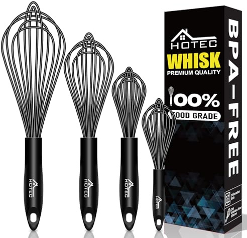 Hotec Schneebesen Set,Rührbesen 4 Stück Schneebesen Silikon，Edelstahl Rührbesen Silikondrähte für Mischen, Küchenutensilien zum Rühren, Schlagen und Verblenden,Schwarz