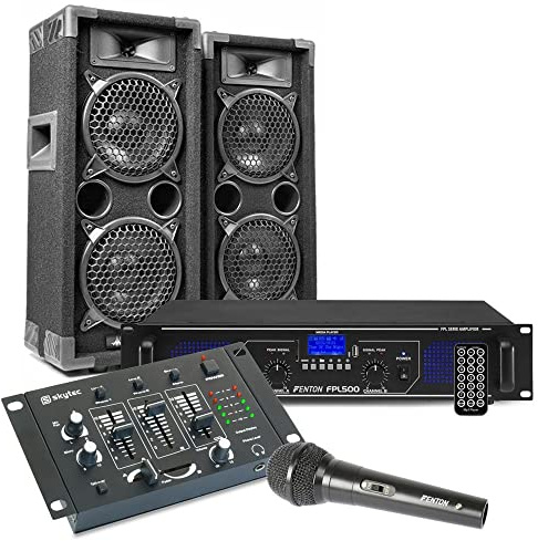 MAX26 PA Anlage Komplett Set, 1200 Watt DJ Boxen Set Lautsprecher mit Verstärker, Mischpult und Mikrofone, Lautsprecherset, Karaoke Set, Mischpult mit Boxen, PA Komplett Set - Schwarz