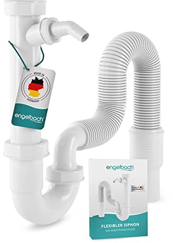 Engelbach® Siphon für Küchenspüle mit Flexiblem Ablaufschlauch - Flexibler Siphon mit Geräteanschluss - Röhrensiphon inkl. Montage-Video - Made in Germany