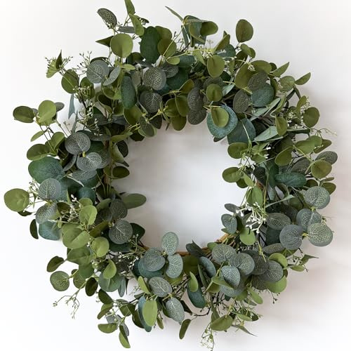 HomeKaren Eukalyptus-Kränze für Haustür, 55,9 cm, handgefertigt, grüne Blätter, Kranz für Sommer, Frühling und alle Jahreszeiten, grüner Blumenkranz für Wand und Außen