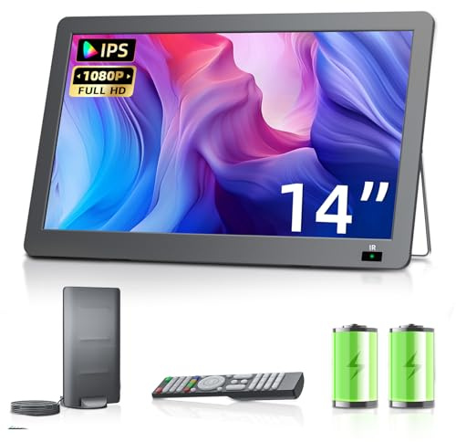 DESOBRY 14.3 Zoll Tragbarer Fernseher, DVB-T2-Tuner | 1080p, mit wiederaufladbarem Akku, Kann als Autokopfstütze verwendet werden, USB/HDMI/AV, geeignet für Wohnmobile/Küche