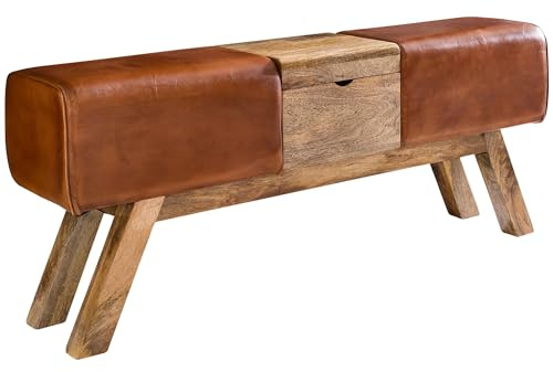FineBuy Design Turnbock Echtleder Sitzbank Aufbewahrungsfach 120 x 29 x 53cm, Turnhocker Bank Klappfach, Hocker Garderobenbank Sitzhocker Turnbank Braun