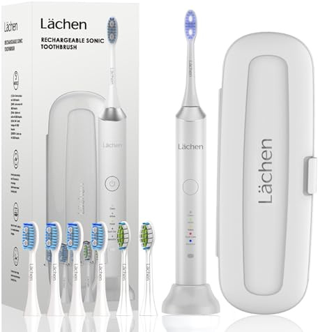 Lächen Elektrische Zahnbürste, Lächen Schallzahnbürste, 5 Reinigungsprogramme mit Reiseetui, 6 Zahnbürstenköpfe, wiederaufladbar, IPX7 wasserdicht, Weiß