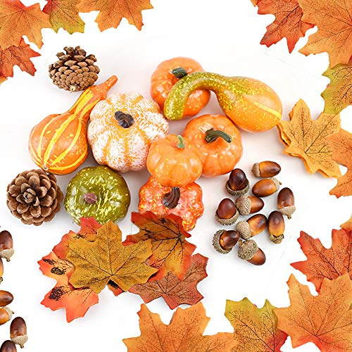 DOJoykey Cojoy 70 pcs Thanksgiving Dekoration Set, künstliche Ahornblätter, kleine Eicheln, Tannenzapfen und Kürbis für Herbst, Halloween Home Draussen Party Dekoration