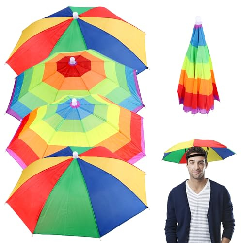 4 Stück Regenbogen Regenschirm Hüte, Faltbarer Regenschirmhut Sonnenschutz | für Dekoration Kostüm Golf Radfahren Angeln Strand Gartenarbeit