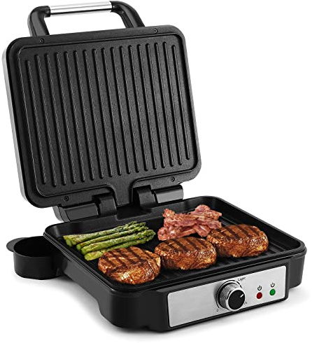 YASHE Kontaktgrill, 4 Scheiben Panini Grill Antihaftbeschichtete Platten, 1800W Toaster Sandwichtoaster mit Temperaturkontrolle, Kontrollleuchte, Öffnet 180 Grad, Abnehmbare Tropfschale, Schwarz