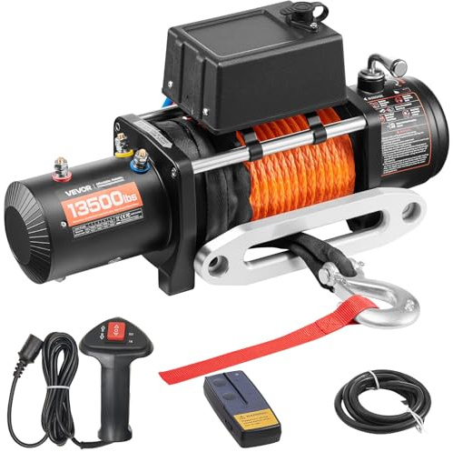 VEVOR Elektrische Seilwinde 6123kg Motorwinde 12V DC Elektrowinde mit Φ1x2438,4cm Synthetikseil Alu-Seilführung kabellose/kabelgebundene Fernbedienung IP55 zum Schleppen von Geländewagen Jeeps Booten