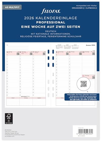 Filofax Kalender A5 Prof.1 Woche auf 2 Seiten (deutsch)2026