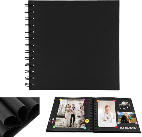 Kleines Fotoalbum zum Selbstgestalten,17x17cm Scrapbook 20 Blätter(40 Seiten) Fotoalben Ringbuch, Fotobücher Kraftpapier Spiralalbum für Baby Geburtstag Jahrestag Hochzeit, Schwarz