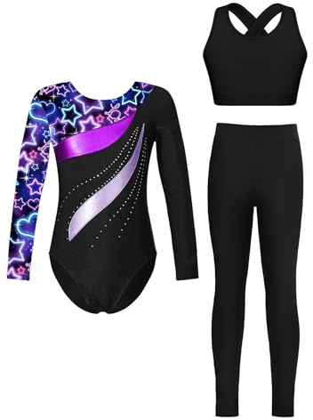 Miutii 3Pcs Mädchen Turnanzug Langarm Glitzer Gymnastikanzug Ballettanzug + Sport BH Tops + Hose Gymnastik Leotard Wettbewerb Tanzkostüm B Sternenhimmel Schwarz 134-140
