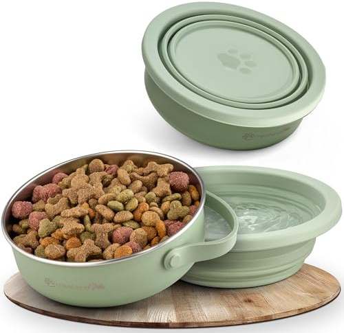 mea:hana Pets Futternapf für unterwegs 900ml mit Deckel -Ideal für Reisen,Outdoor- Edelstahl Futternapf mit faltbarem Silikondeckel als Zweitnapf, Hundezubehör - robust, kompakt, hygienisch