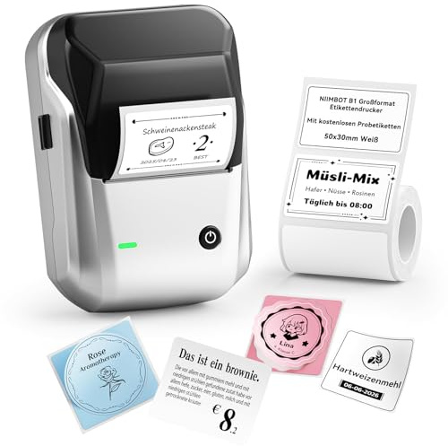 NIIMBOT B1 Etikettendrucker mit Wasserfeste Etiketten Selbstklebend, Tragbarer Beschriftungsgerät Bluetooth Label Printer Aufkleber Drucker für Barcode, Schulbedarf, Logo, Adresse, Silber