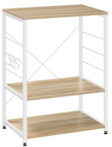 WOLTU Küchenregal, Standregal Mikrowellenhalter, Bäcker Regal Metallregal aus Holz und Stahl, mit 3 Ablagen, ca. 60 x 82 x 40 cm, Weiß + Hell Eiche