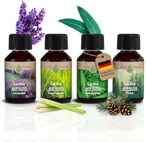 CozyNature® Saunaaufguss mit ätherischem Öl | Sauna Aufgussmittel | Sauna Zubehör | 4 Set - Eukalyptus Lemongrass Zirbe Lavendel - 4x 100ml | inkl. Gratis Sauna E-Book