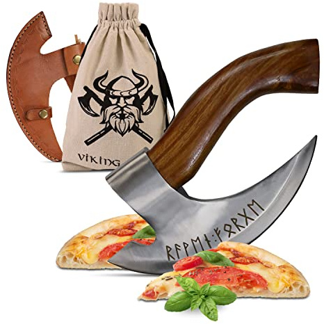 VIKING CRAFT - Pizza Axt Wikinger inkl. Lederschutz - Pizzamesser für echte Wikinger - Pizzaschneider Axt perfekt geeignet als Wikinger Deko - Wikinger Axt, Pizza Wiegemesser, Wikinger Messer, Beil