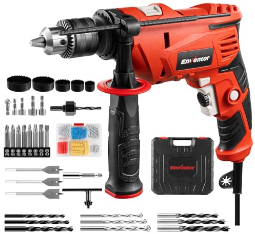 ENVENTOR 900W Schlagbohrmaschine, Elektrische Bohrmaschine mit 36 ​​Stück Zubehör, 2-in-1 Funktion, 0–3000 RPM, 360° Zusatzgriff, 13mm Bohrfutter, für Beton, Metall und Holz