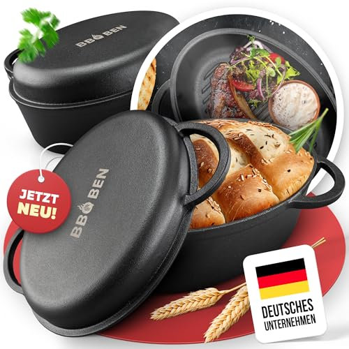BBQ BEN Gusseisen Bräter [34cm] mit Deckel - Punktgenau gegrillte, knusprige Gerichte - Dutch Oven Set, Gusseisentopf, Cast Iron Pots & Pans, Römertopf, Schmortopf, Induktion, Gasgrill, Grill & Ofen