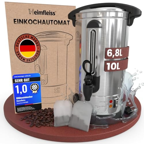Heimfleiss® Glühweinkocher 10L Edelstahl 1500W mit Zapfhahn & Thermostat | Heißwasserspender & Heißgetränkeautomat | für Glühwein, Punsch, Tee & Wasser | Einkochautomat, Überhitzungsschutz, 40 Tassen