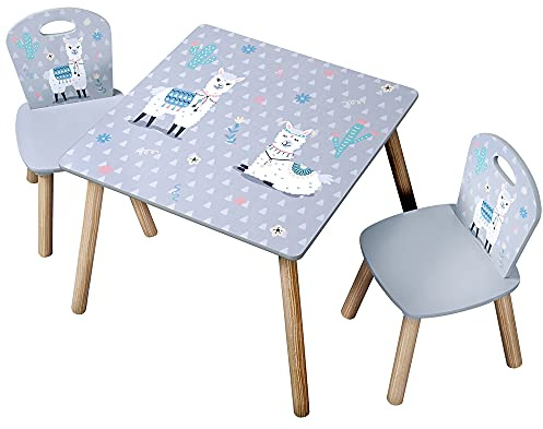 Kesper | Kindertisch mit 2 Stühlen, Material: Faserplatte, Maße: 55 x 55 x 45 cm, Motiv: Alpaka, Farbe: Grau | 17702 13
