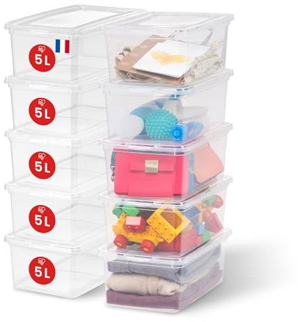 Iris Ohyama Vielseitige Aufbewahrungsboxen, 5L, 10er-Set, Transparent, Deckel leicht schließbar, Stapelbar, Für Schrank, Regale, Klassenzimmer, Organisation, Spielzeug, Kunstbedarf, Schuhe, CNL-5