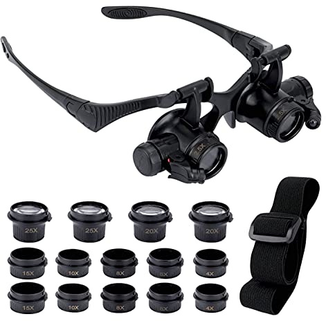 GuDoQi Lupenbrille mit Licht, Hände Frei KopfbandLupe, 8 Wechselobjektive, 2 LED Lichts, Standlupe für Lesen, Elektriker, Nähen, Handwerk, Juweliere (2.5X, 4X, 6X, 8X, 10X, 15X, 20X, 25X)