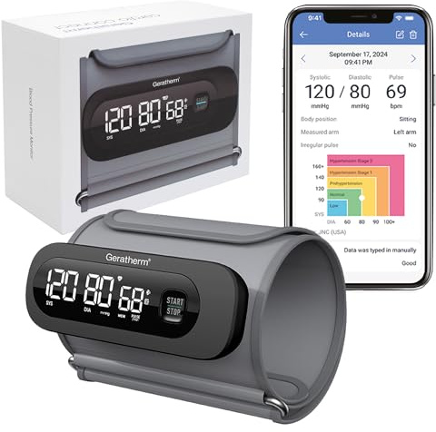 Geratherm cardio connect Oberarm-Blutdruckmessgerät mit App-Anbindung | All-in-one mit Akku: Integrierte Manschette (22–32 cm), kompaktes & leichtes Design mit nur ca. 200 g, Laden per USB-C