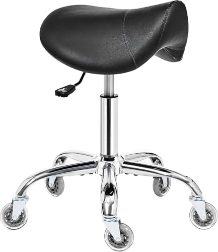 BEWISHOME Sattelhocker mit Rollen,Schwenkbarer,Verstellbarer Rollhocker, strapazierfähiges PU-Leder mit breitem Sitzpolster, ergonomisch für Schönheitssalons, Spas und Kliniken (Schwarz)