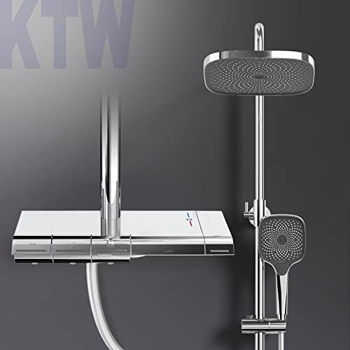 EMKE Duschsystem mit Thermostat Duschset Duschsäuleset mit Brausestange, Handbrause mit 3 Strahlstärken, Regendusche Duschset, Duscharmatur mit thermostat,Duschsystem,Chrom