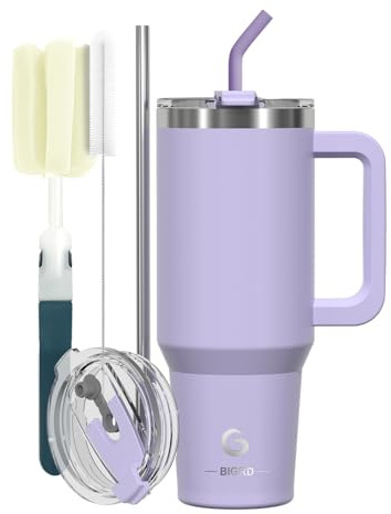 BIGRD Thermobecher mit Strohhalm und Deckel Auslaufsicher Doppelwandiger Edelstahl 1.2L, Kaffeebecher To Go Trinkflasche Sport Travel Mug 6h heiß und 12h kalt,BPA-frei,Lila