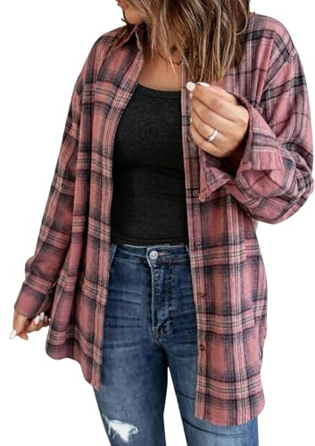 Fisoew Damen Langarm Karierte Blusen Flanell Button Down Jacken Casual Langarmshirts