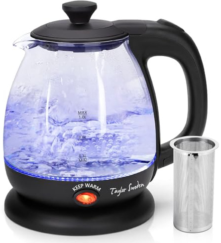 Taylor Swoden Glas Wasserkocher 1L mit Teesieb & Teekocher 2200W, Schwarz | 2-in-1 Kompakter 1L Wasserkocher aus Glas mit herausnehmbarem Teesieb, Warmhaltefunktion, LED-Beleuchtung und BPA-frei