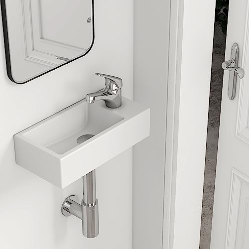 EMKE Waschbecken - Mini Hängewaschbecken für Badezimmer & Gäste-WC - 40 × 20 × 10 cm - Hochwertige KeramikWaschschale - rechteckig Armatur-Loch Rechte - Weiß
