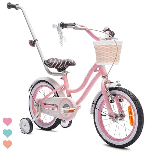 SUN BABY HEART BIKE Girls Bike 12/14/16 Inch | Basket, bell, training wheels, removable parent push handle, coaster brake and V-brake