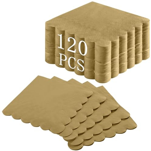 NatNarr 120 Stück Goldene Cocktailservietten, Gewellte Papierservietten Dessertservietten Tischdeko Servietten für Hochzeiten, Geburtstage und andere Feiern, 5 x 5