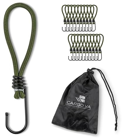 CargoVA® - 20 Spanngummis mit Haken und praktischer Tasche - Expanderhaken für Planen und Netze Olivgrün - 15cm [20 Stück]