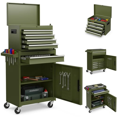 COSTWAY 2 in 1 Werkstattwagen inkl. Koffer & 8 Fächer & Haken & verstellbarem Regal, Werkzeugwagen Abschließbar auf Rädern ohne Werkzeug, Profi Werkstatt-Wagen Metall 100 kg Tragkraft, 59x28x102cm