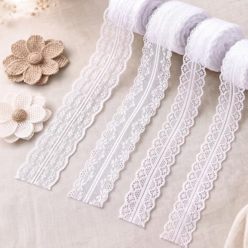 VGOODALL Spitzenband Weiß 40m Set, Spitze Borte mit Juteblumen für Hochzeitsdeko Basteln, DIY Geschenkband Weiß für Karten