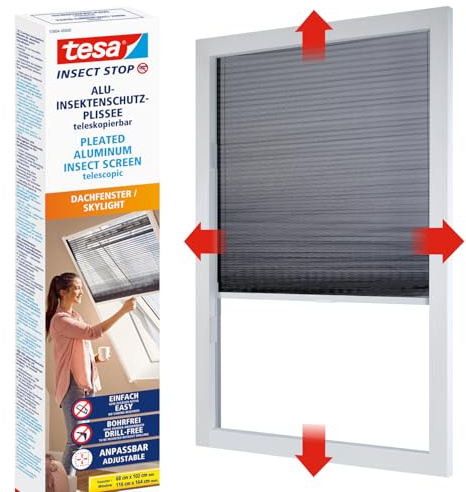 tesa Insect Stop Fliegengitter für Dachfenster Premium - Alu-Insektenschutz-Plissee teleskopierbar - Insektenschutzrollo für Dachfenster - einfache Montage ohne Bohren mit tesa Powerstrips - weiß