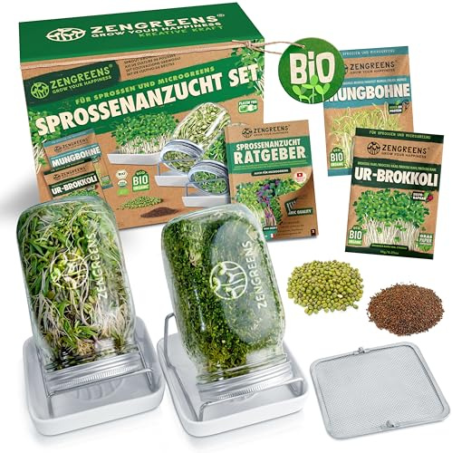 zengreens® Bio Sprossen Anzuchtset – Sprossenglas 1er, 2er oder 3er Set – Enthält Keimglas, Anzuchtschale und Sprossensamen – inkl. 50-seitigem Ratgeber und 10-teiligem Online Videokurs
