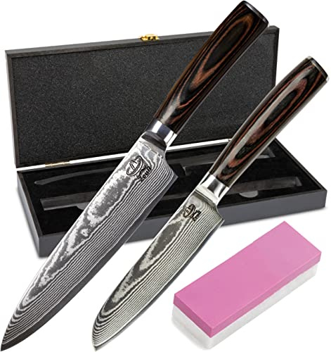 ZEUß 2er Damastmesser Set 32/24 cm | Echter 67 Lagen Damaststahl | 62±2 HRC TÜV-geprüfter, optimierter VG-10 Stahl | Damast Küchenmesser Set | Schleifstein, Klingenschutz & Geschenkbox