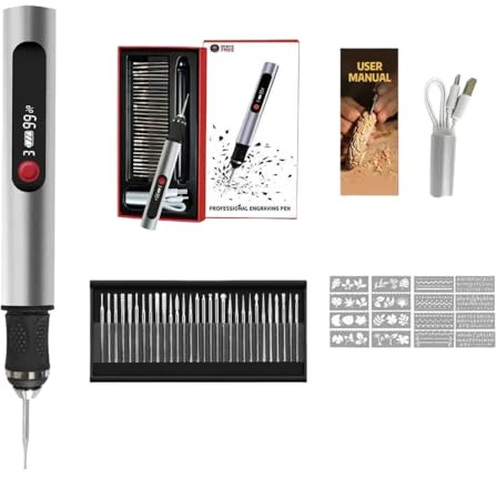 veliora CreativePen Gravierstift fürDlY & Kunstprojekte，Ausgestattet mit 30 Gravierköpfen, geeignet für über 50 Oberflächen, wiederaufladbar und einfach zu bedienen