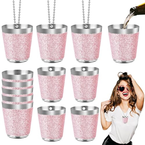 Begpoee 12 Stück Schnapsglas Edelstahl 30ml, Shot Becher Metall zum Umhängen, Schnapsbecher mit Kette, Für Hochzeitsfeiern Karneval Geburtstagsfeier Bachelorette Party(4,2 x 3,7 cm, Rosa + Silber)