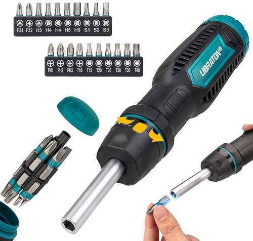 LIBRATON Ratschenschraubendreher Set, Multi Schraubendreher, 33-in-1 Magnetischer Schraubendreher, Schlitz-/Philips-/Pozi-/Torx-/Hex-/Vierkant-Bits, Ergonomischer Griff für Zuhause, Auto