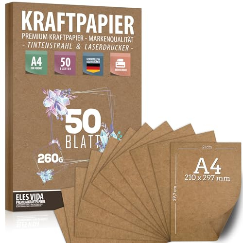 50 Blatt Kraftpapier A4 Set - 260 g - 21 x 29,7 cm - DIN Format - Bastelpapier & Naturkarton Pappe Blätter aus Kraftkarton zum Drucken, Kartonpapier Basteln für Vintage Hochzeit Geschenke Etiketten