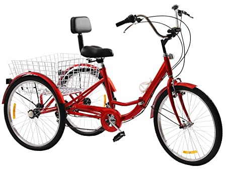 Faltbar Dreirad für Erwachsene, 24 Zoll 7 Gang Lastenfahrrad, 3 Räder Fahrrad Erwachsene mit Einkaufskorb, City Einkauffahrrad Cargo-Bike für Erwachsene Senioren und Frauen Höhenverstellbar (Rot)
