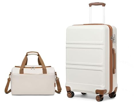 KONO 55cm Handgepäck-Koffer Trolley Set 2 Teilig Gepäcksets, Kleiner Koffer mit Rollen Handgepäck Set mit Ryanair Reisetasche 40x30x20cm, Cremeweiß