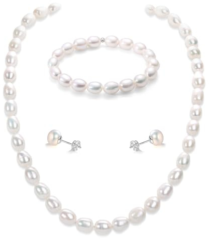YAMI Perlenkettenset, Schwarz/Weiß/Rosa Lila Perlenschmuckset, Perlenohrringe, Perlenkette Damen, Perlenarmband 6–7 mm, 925er Sterlingsilber, Damenschmuck für Jeden Anlass