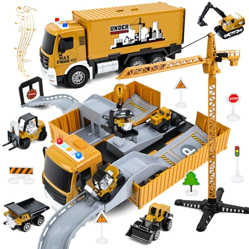 PATEMZON Baufahrzeuge Kinder groß LKW, Doppelter Auswurfschiene, Kran Spielzeug Bulldozer Dampfwalze Gabelstapler Konstruktionsfahrzeuge, Baustellenfahrzeuge Spielzeug für 3 4 5 6 7 Jahre Geschenke