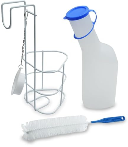 Set Urinflasche für Männer (1000 ml), Halterung, Bürste für Männer | 1 Liter | 3 Teile | PP- Urinflasche mit Deckel milchig, Reinigungsbürste, Betthalter/Urinflaschenhalter mit Deckel inkl. Kette